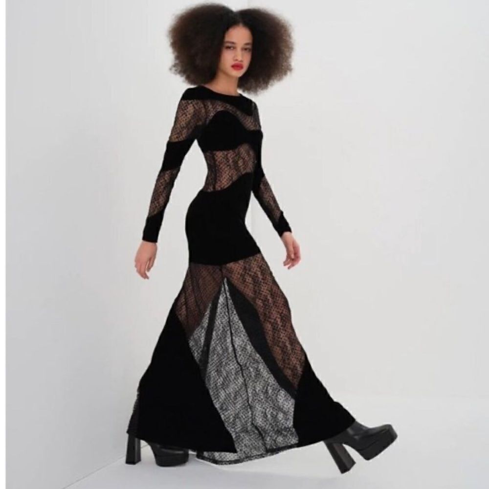 For Love & Lemons Carolyn Maxi Black Velvet Wavy Flocked Dot Lace Panel Dress - Picture 3 of 9